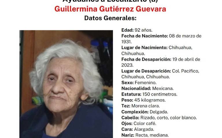  Piden ayuda para encontrar a adulta mayor Guillermina Gutiérrez